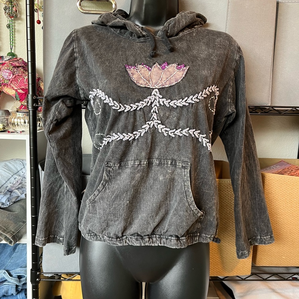 Washed Black Embroidered Hoodie Sweatshirt - Unbranded